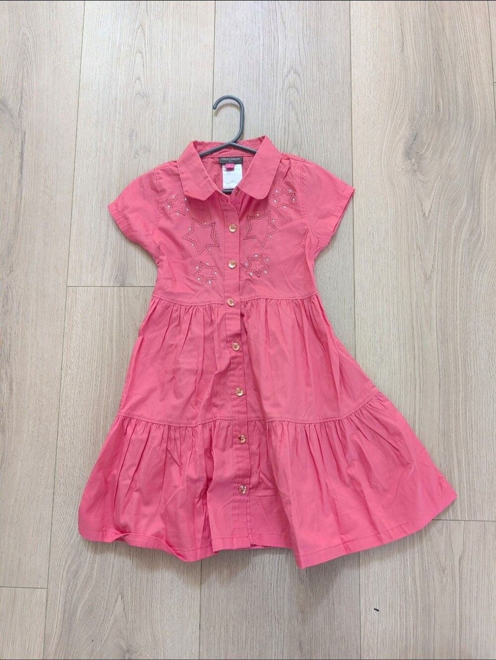 Vince Camuto Girls Coral Button-Front Tiered Dress with Star Embroidery